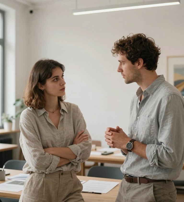 A photography shot of two creative professionals discussing a project in a bright European / French co-working space dedicated to arts. The composition is clean and modern. Colors include pale slate clothing and soft linen interior elements.