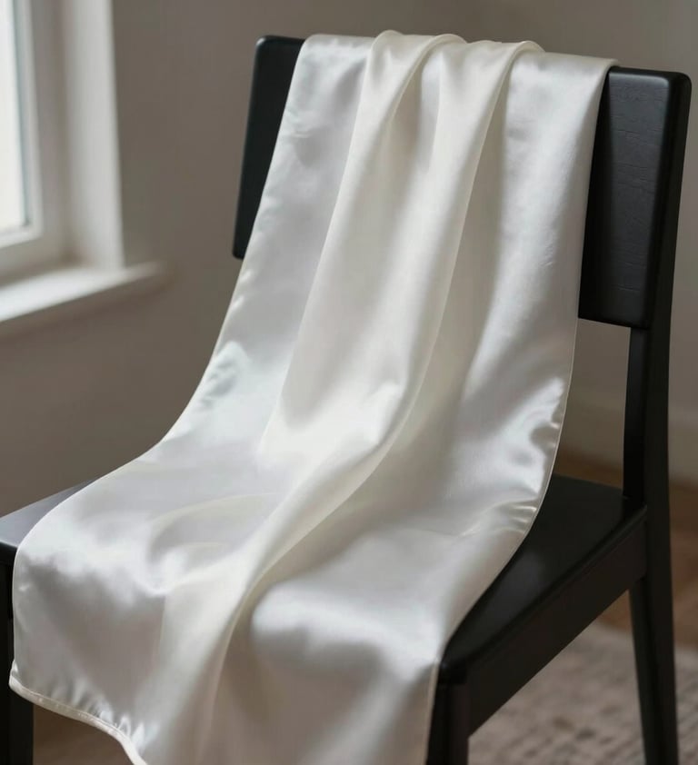 Detailed shot of a silk textile draped over a minimalist black chair. The texture of the white fabric is highlighted by directional light from a window. Elegant and timeless composition. Global / Hispano style.