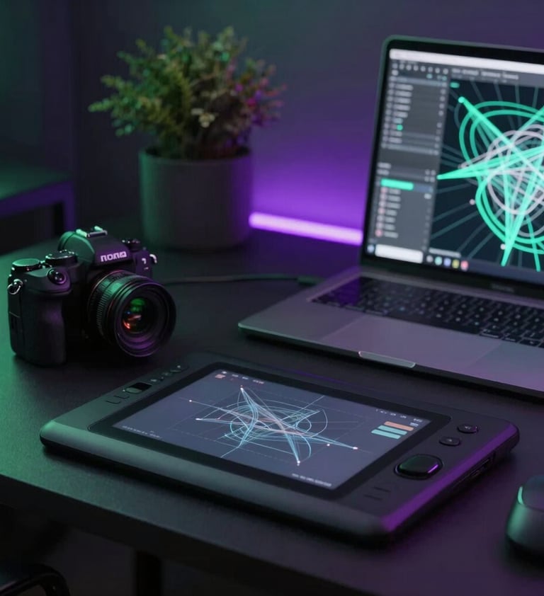 Digital graphics tablet and mirrorless camera on a desk next to a laptop with creative software.