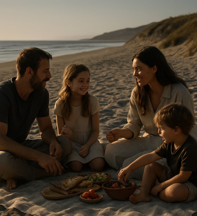 A cinematic shot of a family picnic on a North American beach. Soft sand and charcoal tones dominate the landscape, while the sun-drenched lighting emphasizes the authentic interaction and storytelling of the group.