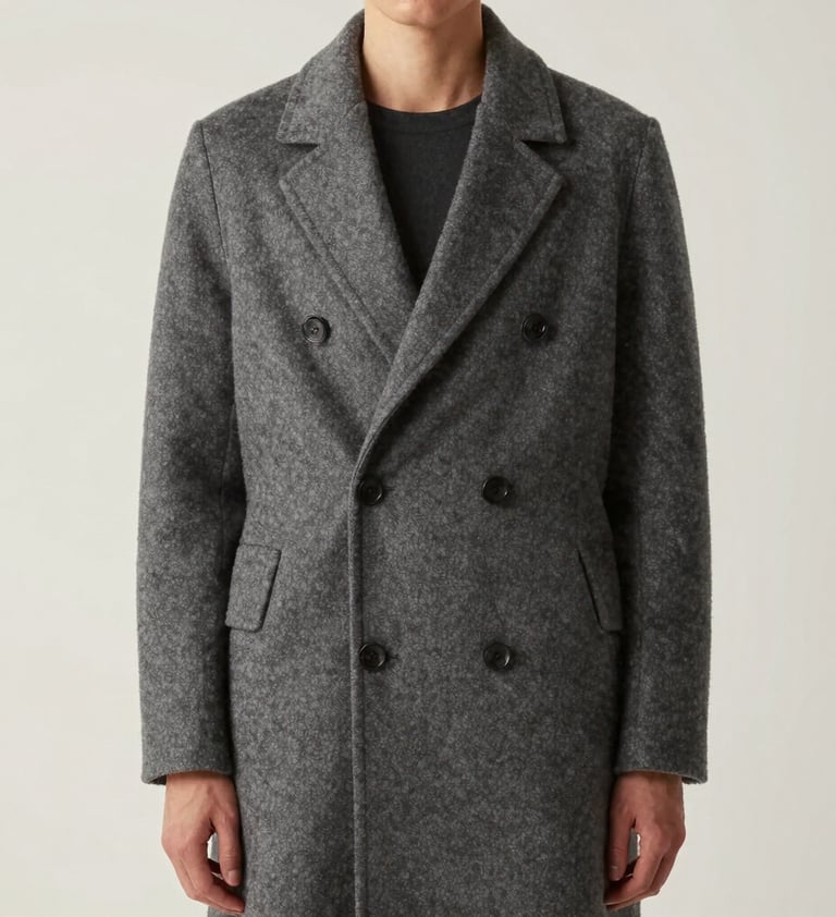 An editorial portrait of a subject in a structured gray wool coat, standing against a flat off-white background. The lighting is soft and directional, typical of a professional European photography studio, emphasizing the clean lines and fabric texture.