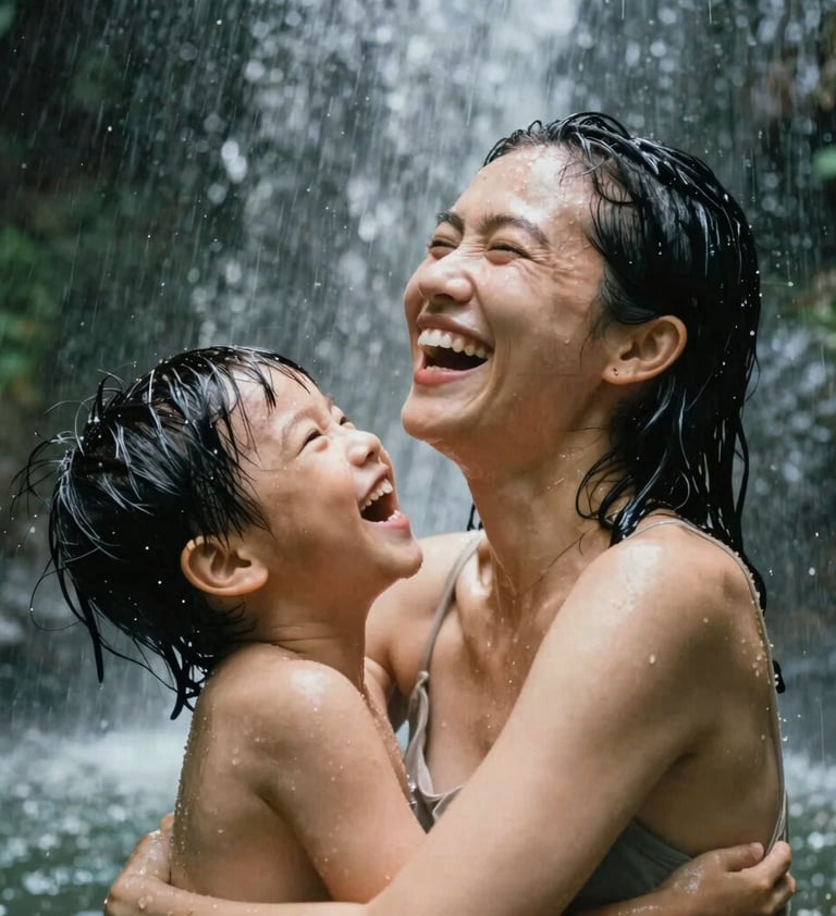 A heartfelt, candid close-up of a mother and child laughing together under the soft spray of a jungle waterfall. The water sparkles with light, and the tones are a mix of #5F705B greens and warm #C7B7A3 skin tones. The composition is intimate and artful, focusing on the genuine emotion of the moment.