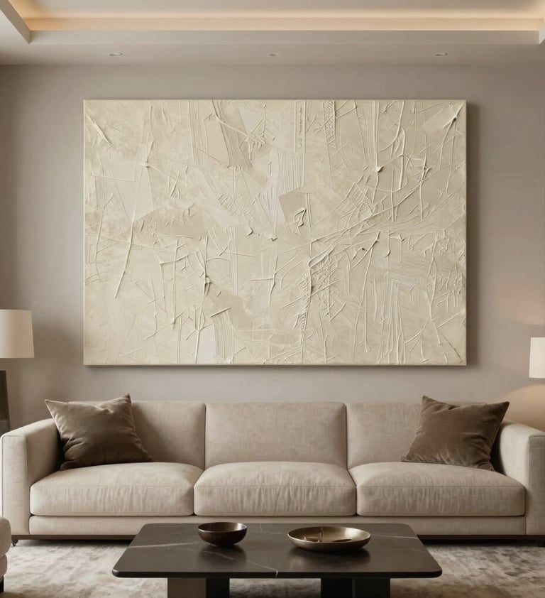 An interior design photograph of a modern, high-end North American living room. A large textured canvas by Maddy's Textured Art is centered above a minimalist sofa. The room is decorated in soft beige and earth tones, feeling sophisticated and elegant.