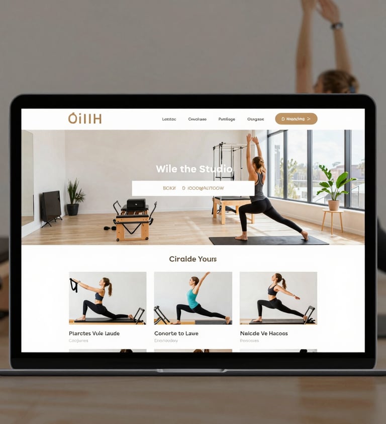 A laptop displaying a modern Pilates studio website with instructors practicing on reformer machines.