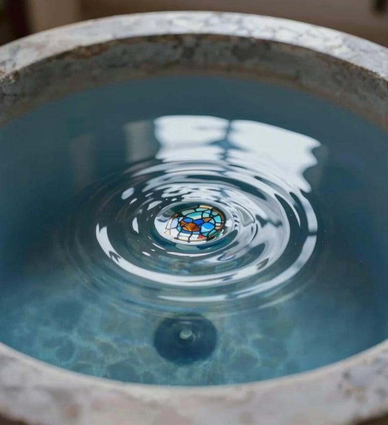 An artistic macro shot of clear water ripples in a stone baptismal font. The reflection of a stained-glass window is subtly visible on the water's surface. The style is serene and professional, incorporating the deep #1A2F3C blue and #F5F2EC white in the reflections and shadows.