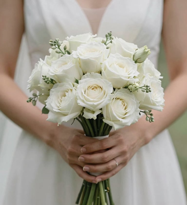 A close-up photograph of a bride's hands holding a simple, artistic bouquet of white flowers with muted sage green stems. The background is a blurred soft off-white. The lighting is natural and delicate, reflecting Camille Lefeuvre's sensitive photographic style.
