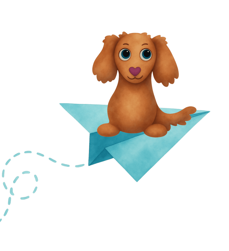 Cartoon of Skipper-Bloo the miniatiure red dachshund sitting on a turquoise paper airplane.
