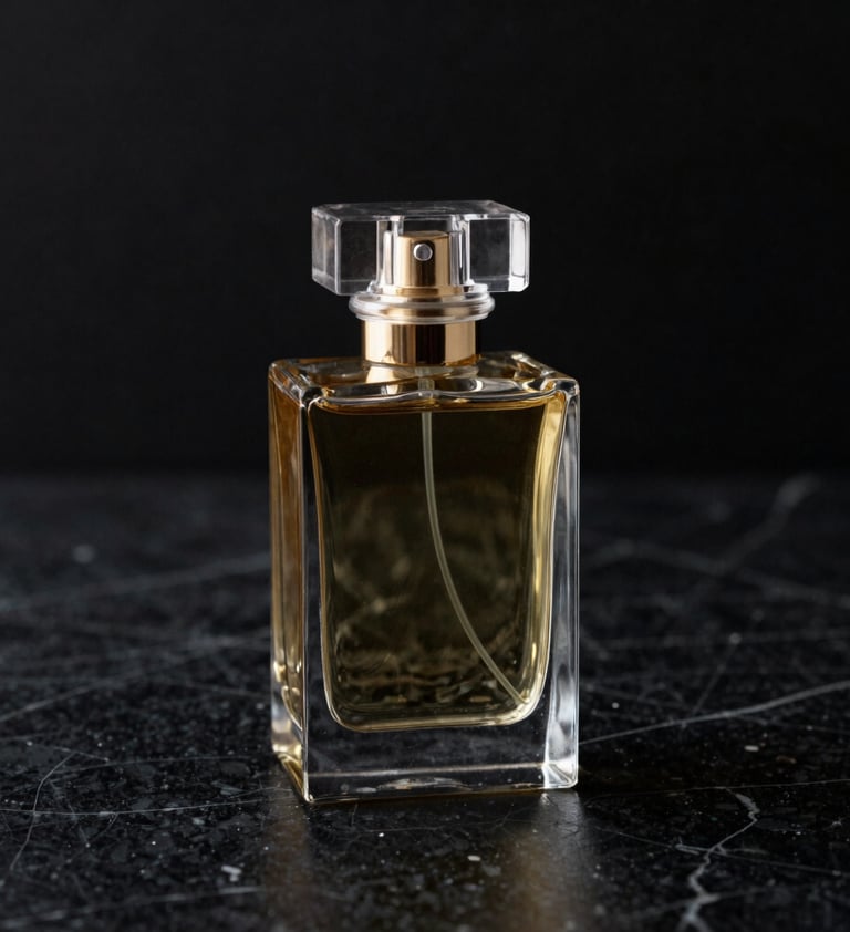 An artistic and cinematic photography shot of a luxury glass fragrance bottle on a rich black marble surface. Soft muted gold light glints off the crystal edges. Taken in a high-end North American / US studio environment.