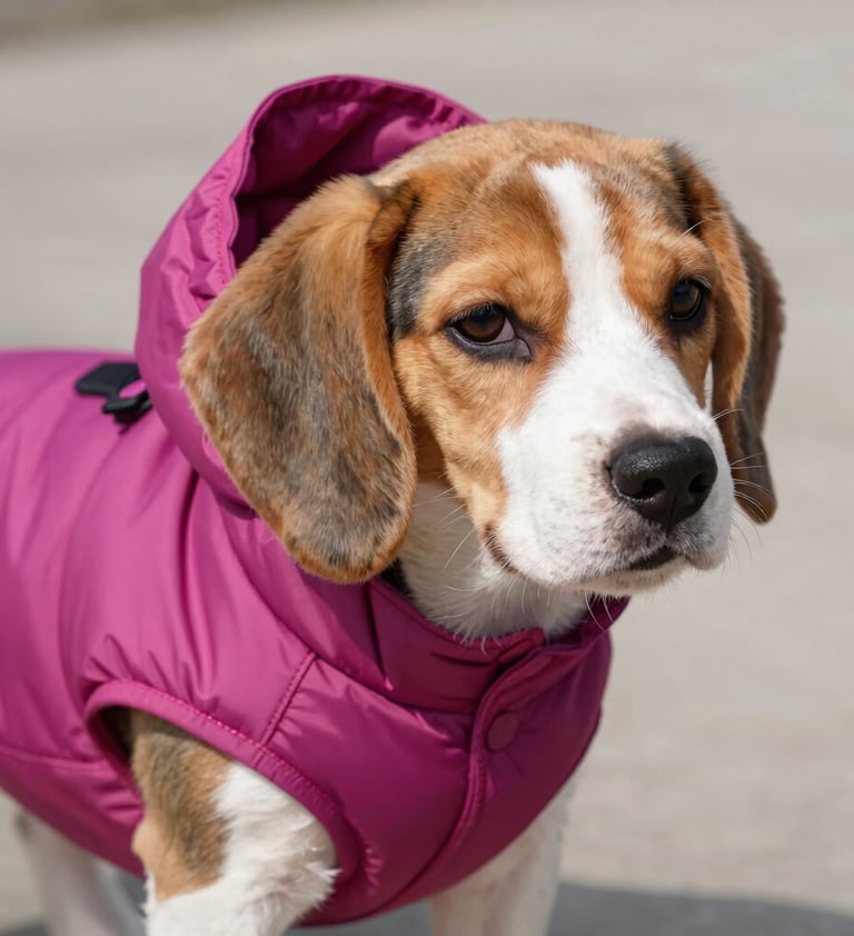 Perro beagle con chaleco rosa mexicano