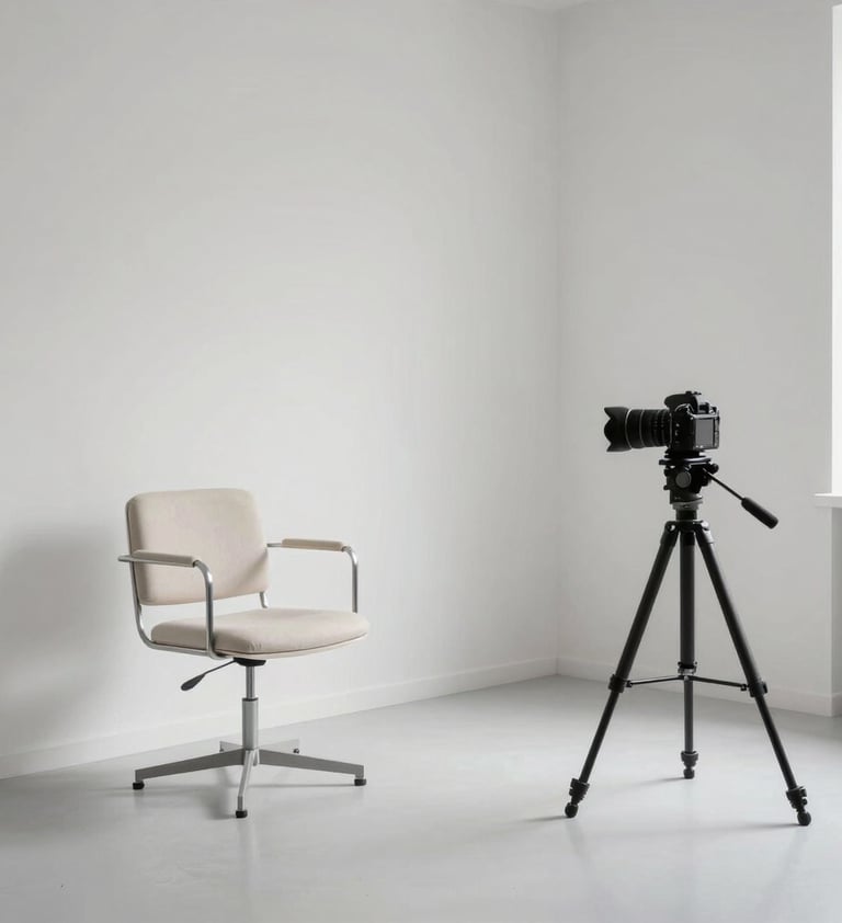 A minimalist and elegant photography studio interior in Spain, clean white walls, a single designer chair, and a camera on a tripod, cinematic lighting, off-white and charcoal grey tones.