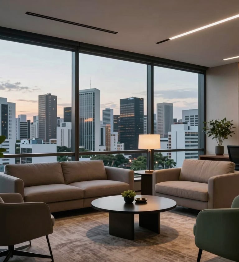 A high-end executive office with a view of a Brazilian city skyline at dusk through large windows. The interior is decorated with contemporary furniture in taupe and muted green tones. The setting is refined, professional, and reflects the elegance of Studio Santiago.