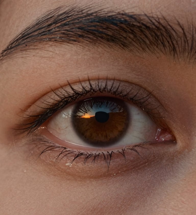 A poetic close-up of a person's eye, capturing a sharp reflection of a sunset over the sea. The image is emotional and soulful, with rich natural tones of warm sand and deep charcoal in the iris and lashes.