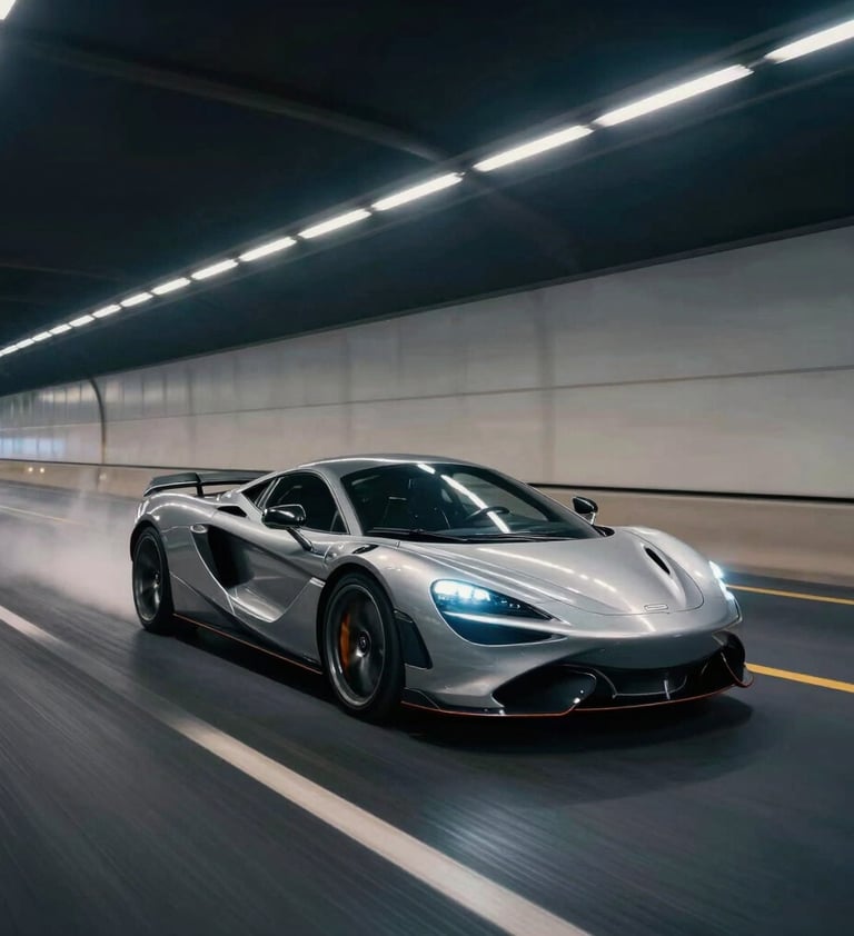 An action sequence frame of a luxury sports car moving at high speed through a tunnel, light trails in night sky blue and soft mist tones, motion blur, cinematic grain.