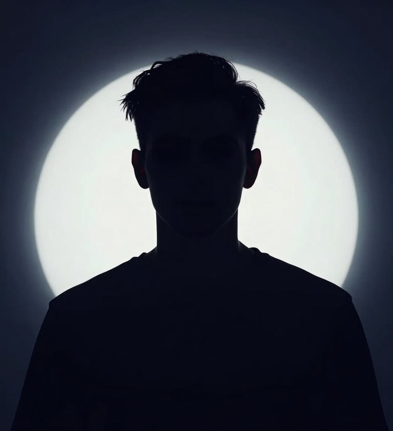 Dramatic silhouette of Nicky Awake against a bright #E0E0EB circular back-light, creating a halo effect. The rest of the frame is deep #0A0A0F. Modern, clean, and artistic portrait.