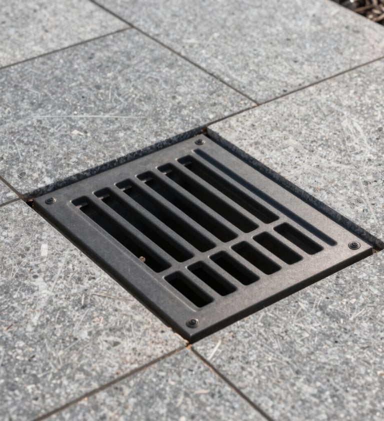 A professional architectural detail of a finished infiltration well cover, perfectly integrated into a modern stone pavement. Professional photography, minimalist style, emphasizing clean lines and quality construction.