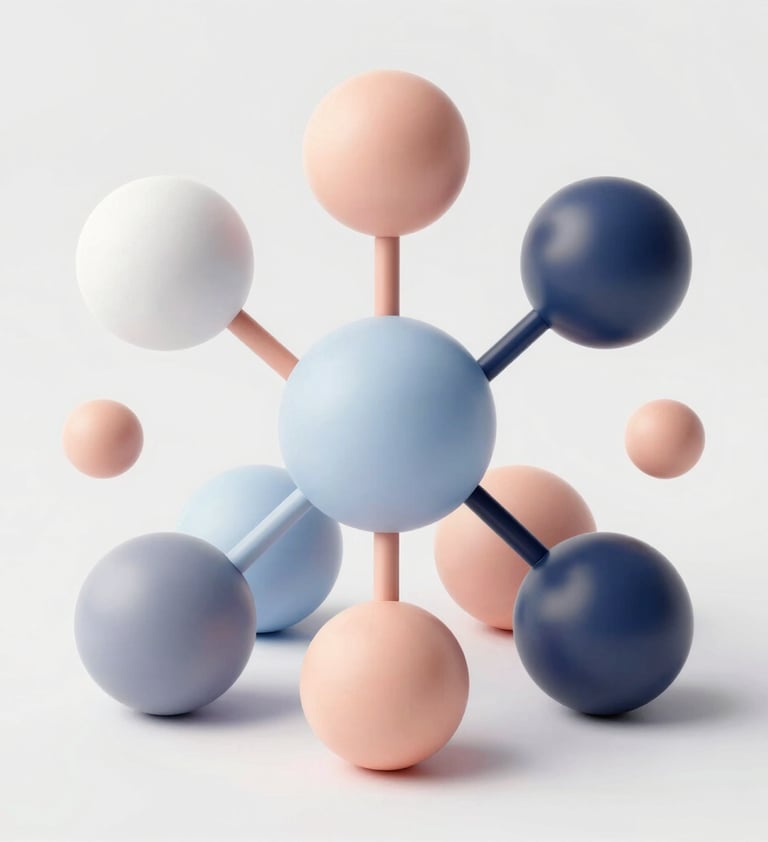 An abstract 3D illustration of interconnected spheres and soft geometric forms in pastel tones, symbolizing a balanced financial ecosystem. The style is playful and modern, incorporating brand colors #FFF9F7 and #5C4C6D.
