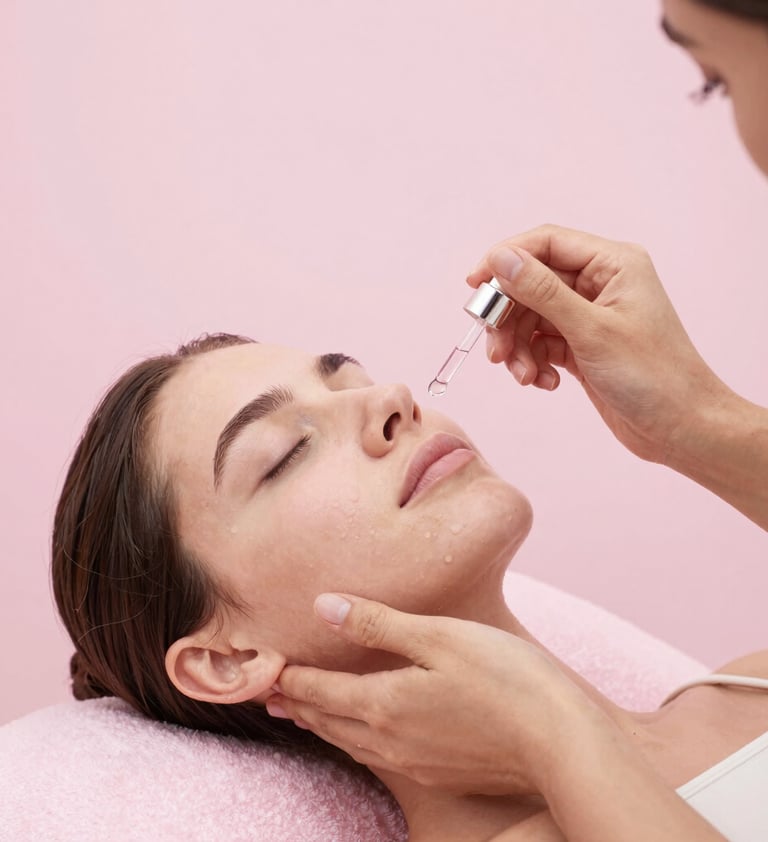 aplicando un sérum facial hidratante con un gotero en el rostro de una mujer durante un tratamiento 