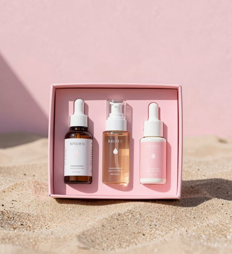Tres frascos de productos para el cuidado de la piel en una caja de regalo rosa