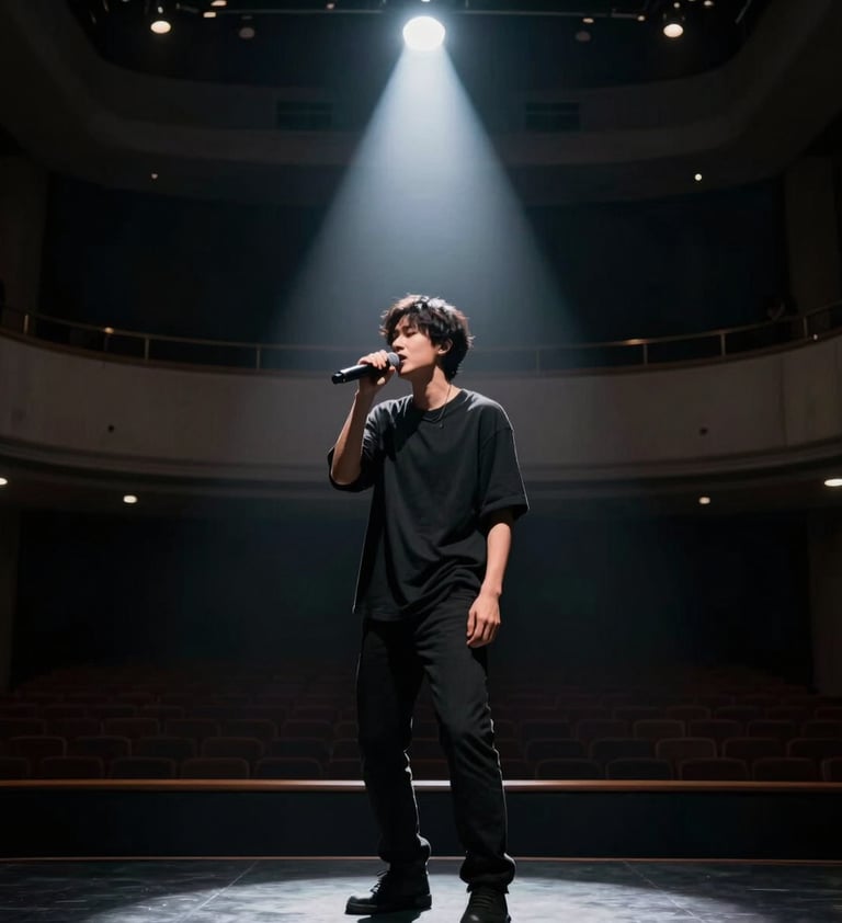 A moody, motion-blurred shot of a singer performing under a single spotlight in a dark, modern theater. The color palette is dominated by black and dark gray, capturing a moment of intense emotional performance in a North American venue.