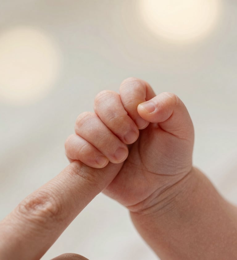 A detailed close-up shot of a newborn baby's tiny hand holding a parent's finger, photographed outdoors with very soft, creamy bokeh and warm morning light. Simple, emotional, and visually clean.