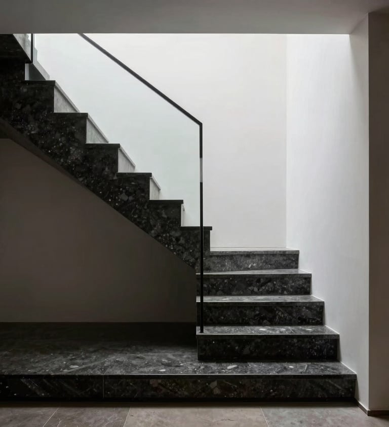 A minimalist architectural staircase inside a luxury home in Brazil. The steps are made of dark basalt stone against a white wall. Dramatic top-down lighting creating high contrast. Editorial architectural style.