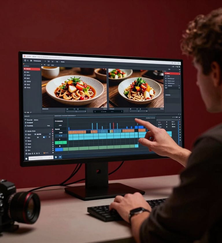 A creative director reviewing food footage on a high-end monitor in a minimal studio setting, soft cinematic lighting, deep crimson accents, showcasing the video editing process.