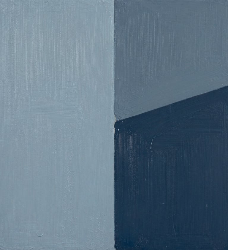 Close-up detail of a contemporary painting, focusing on the intersection of light blue grey and dark slate blue textures, soft diffused lighting, minimalist and sophisticated vibe.