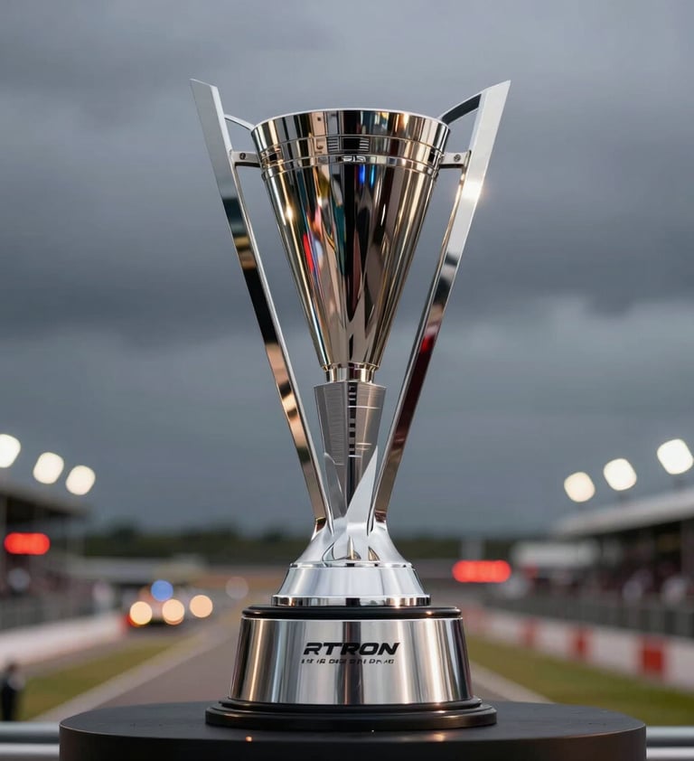 A sleek, professional shot of a motorsport trophy on a podium against a dark grey sky, with the blurred bokeh lights of a US circuit in the background, sophisticated lighting highlighting the silver and chrome surfaces.