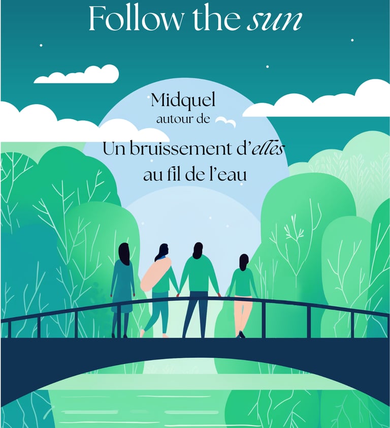 4 Quatre silhouettes féminines sur un pont au-dessus d'un canal.