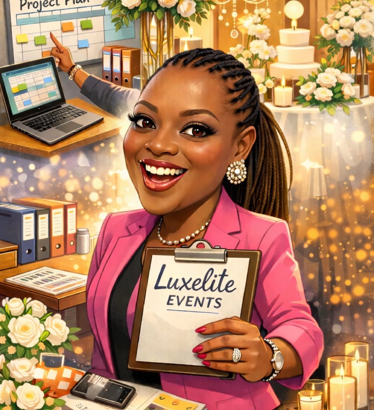 Caricature of Luxe Lite Events planner holding a branded sign with the company name