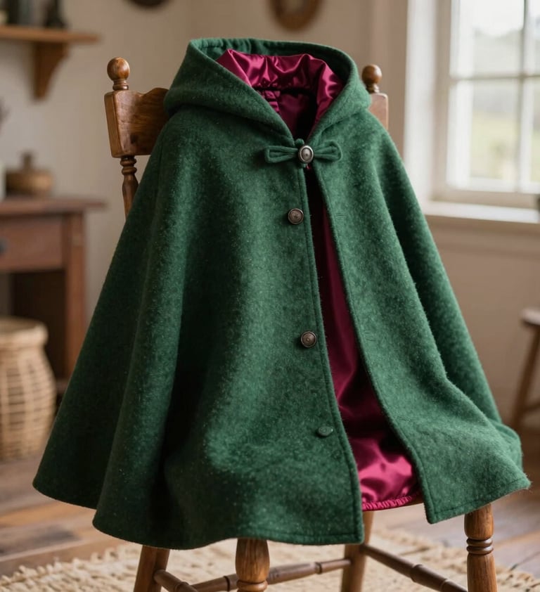 A side profile photography of a bespoke forest green wool cloak with a dark magenta silk lining. The cloak is displayed on a rustic wooden chair in a light-filled, whimsical cottage setting. The scene feels high-end and artisanal. Western / Global context.
