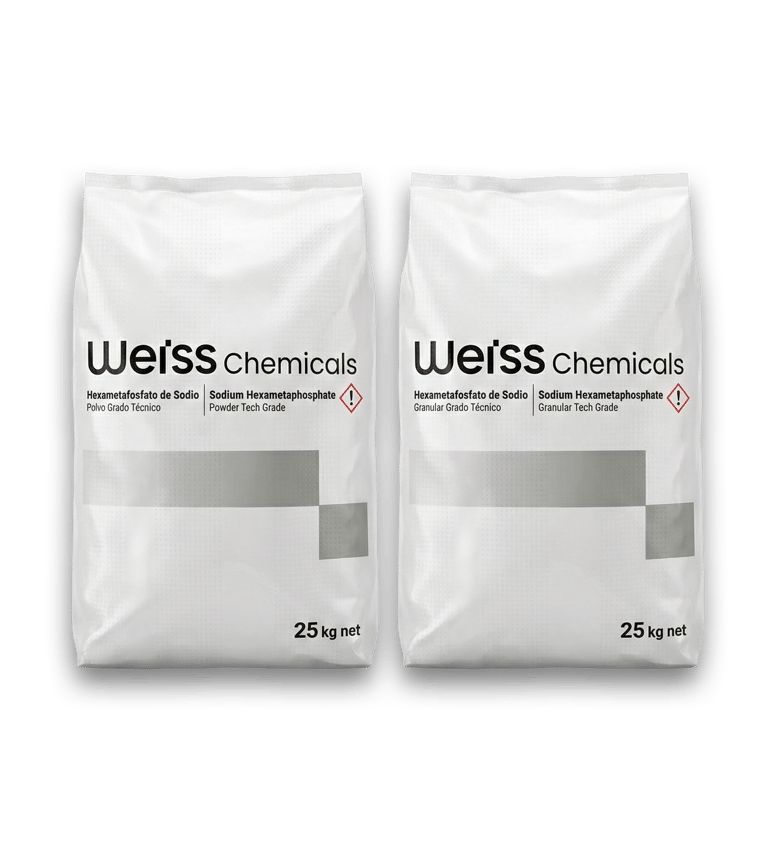 Hexametafosfato de sodio grado técnico en sacos de 25 kg marca Weiss Chemicals. Polvo y Granular.