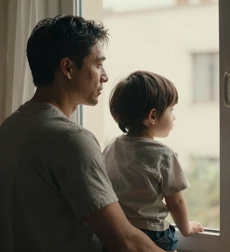 A cinematic portrait of a father and child looking out of a window. The shadows are soft charcoal and the highlights are warm cream, creating a storytelling atmosphere.