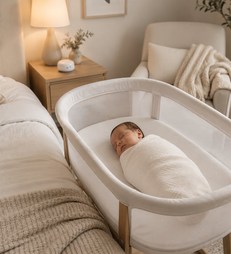 newborn sleeping in bassinet swaddled