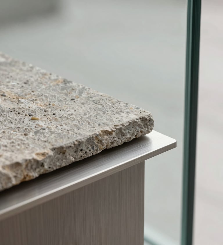 A macro shot of architectural materials used in the tower: a slab of textured #D9D2C7 stone, a sample of brushed steel, and a pane of high-performance glass. Minimalist composition with soft natural light, highlighting the quality and precision of the finishes.