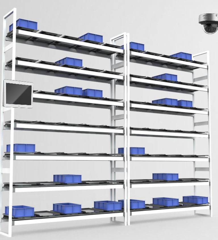 Smart warehouse storage racks with blue bins, tablet interface, and surveillance camera for inventory management.