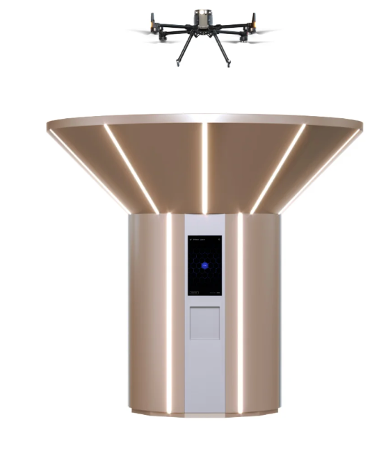 An automated drone docking station and charging port with a delivery drone hovering above it.