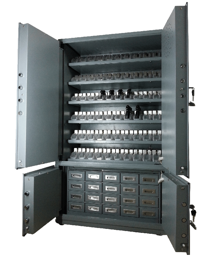 Bluetooth control Heavy-duty steel security cabinet with handgun storage racks and lock drawers.