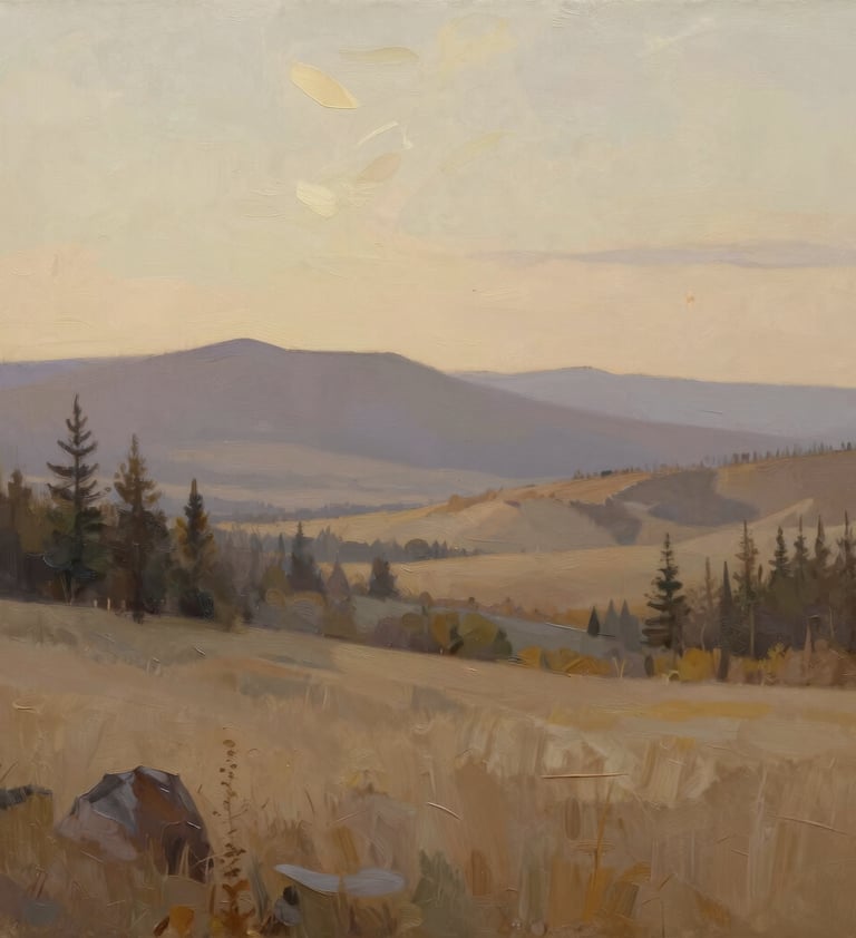 A professional-quality oil painting of a serene North American landscape at dawn, showcasing sophisticated brushwork and a soft tan and light beige color palette.