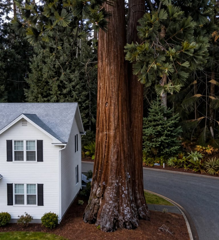 A side-view drone shot from a professional perspective showing the immense scale of a sequoia trunk adjacent to a residential home in the US Pacific Northwest. The frosted white siding of the house is dwarfed by the dark slate bark of the ancient tree.