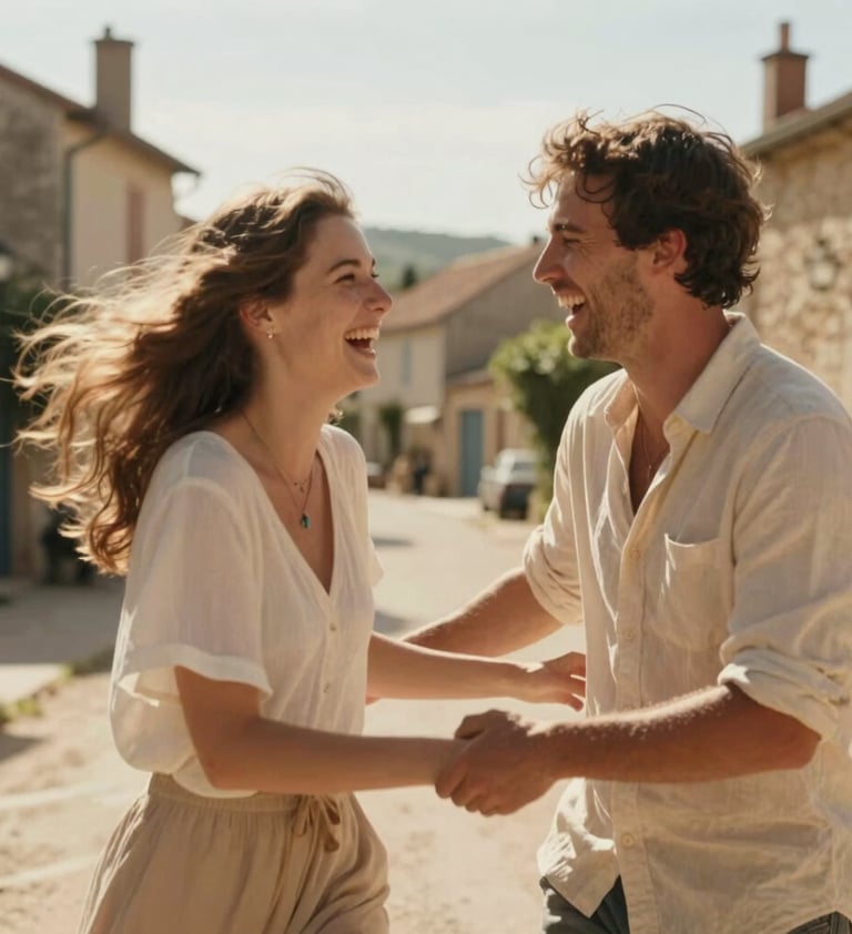 A candid shot of a couple laughing together, motion blur suggesting a spontaneous moment. Baigné de soleil outdoors in a French village. The composition is dynamic and cinematic, featuring warm beige and soft sand tones.