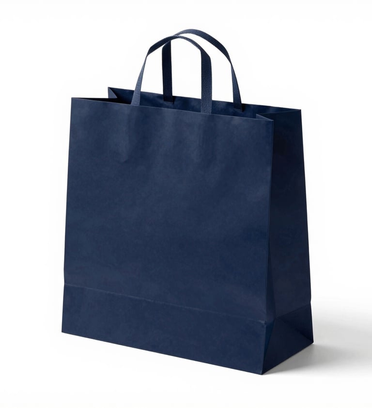 A minimalist shopping bag made of heavy-duty navy #0A1118 paper with woven handles. The brand logo is screen-printed in a subtle #8D9FB5. Placed in a bright, modern studio setting with clean shadows. Illustrating high-end packaging expertise.