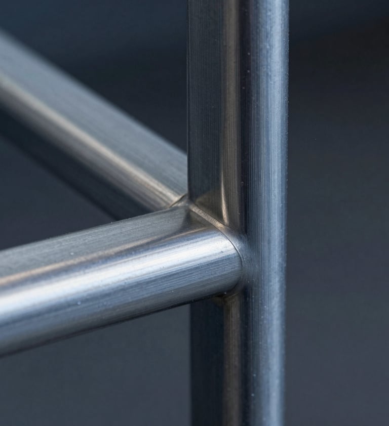 Macro detail of a brushed aluminum joint on a designer chair. The metal has a dusty grey-blue sheen, and the craftsmanship is evident in the seamless connection. The background is a soft-focus deep charcoal.