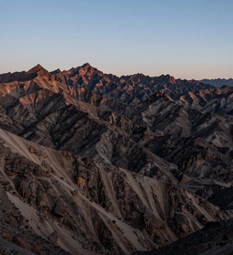 Wide-angle landscape of a rugged mountain range in Northeast Nevada during the blue hour. The peaks are sharp and clear against a tranquil, pale sky. The composition conveys profound tranquility and vastness, using sand and dark brown tones.