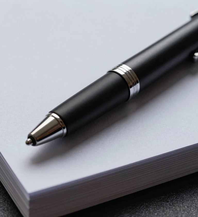 A macro photography shot of a premium, matte black designer pen laying on a stack of high-quality light grey papers, showcasing refined textures and professional elegance.