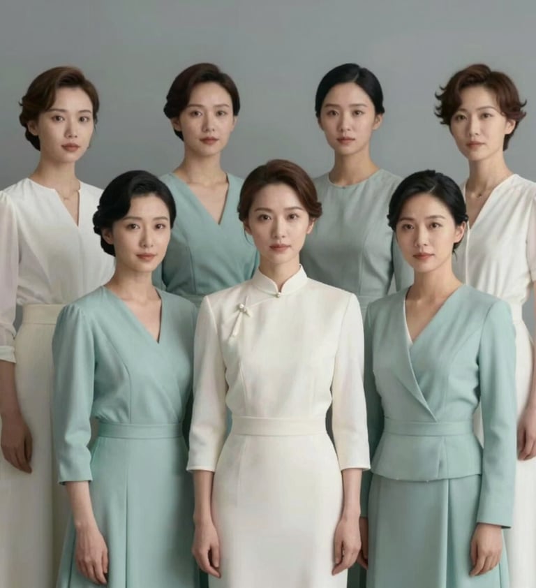 A group portrait of the film cast in full costume, arranged in an elegant, symmetrical composition. The clothing incorporates #D4C1A5 and #F8F8F8 fabrics. The mood is serious and dignified.