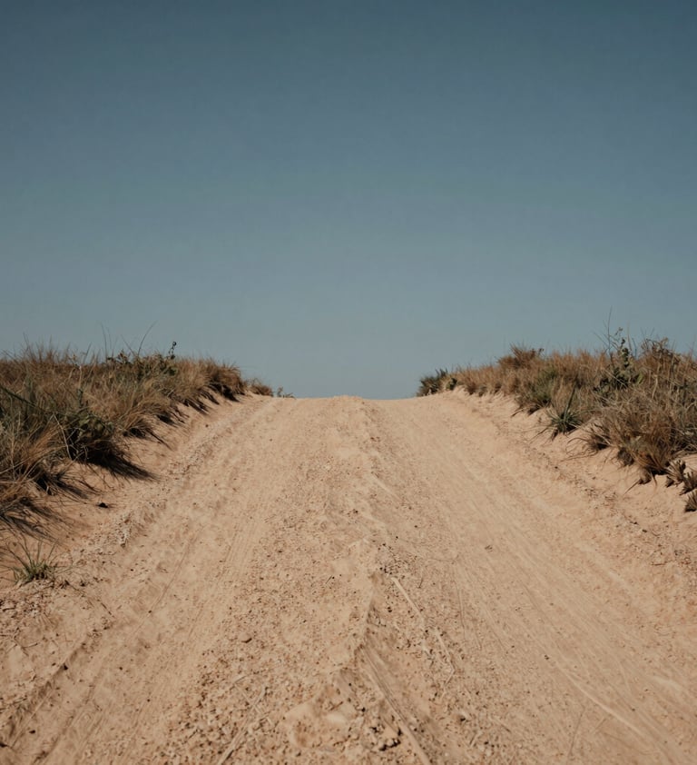 A low-angle shot of a dusty clay-colored trail leading into the horizon under a muted steel blue sky, wide-angle lens, natural lighting.