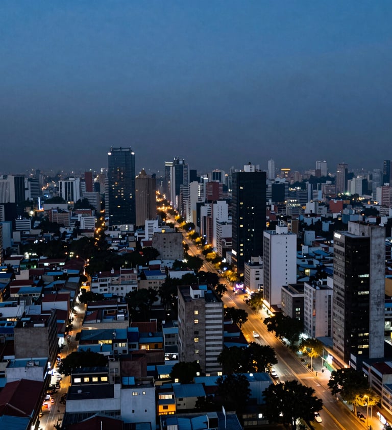 A wide-angle urban landscape of a Latin American / Hispanic capital city during the blue hour, street lights starting to glow, misty blue and dark charcoal atmosphere, high resolution.