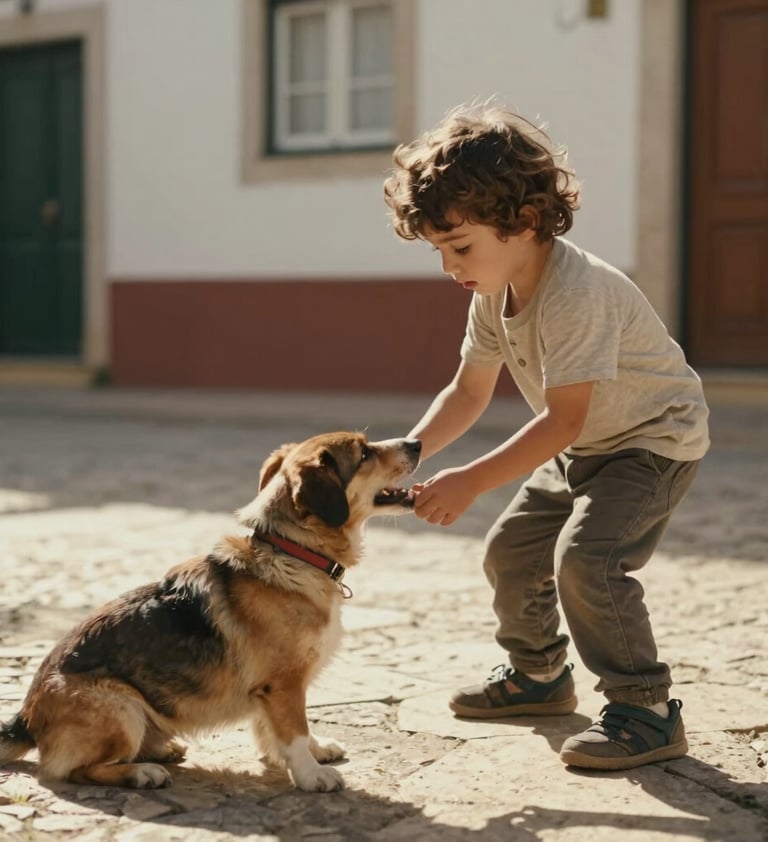 Candid photograph of a young child playing with a pet in a sunlit courtyard in Portugal. The interaction is completely natural and spontaneous, with warm cinematic lighting and a focus on genuine emotion.