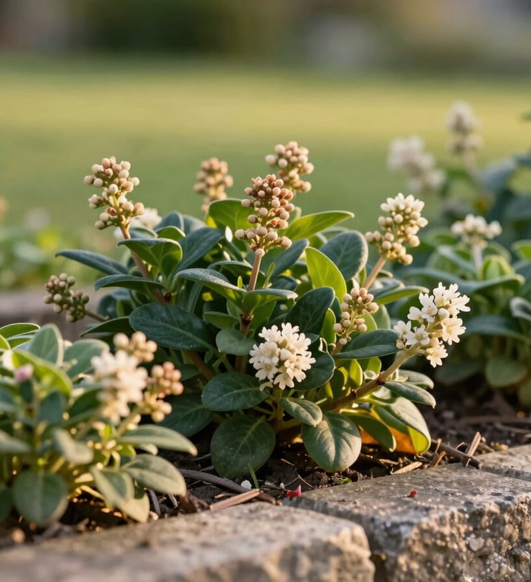 White flowering Skimmia japonica shrub in a stone garden border with evergreen leaves.